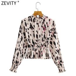 Women Vintage Leopard Print Elastic Waist Slim Shirt Stand Collar Long Sleeve Blouse Lady Roupas Femininas Crop Tops LS9185 210416