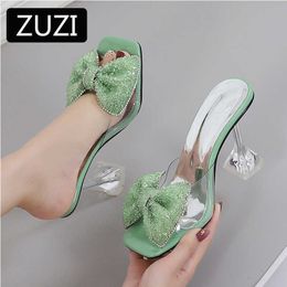 ZUZI Slippers Female Summer 2021 New Fashion Fish Mouth Shoes Square Glass Glue Rhinestones Drag Stiletto High Heels Sandals Y0721