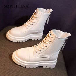 SOPHITINA Platform Shoes Women Fashion Genuine Leather Zipper Patchwork Shoes Round Toe Mid Heel Casual Women Ankle Boots SO750 210513