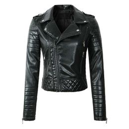 Wmoen Leather Jacket Spring Autumn Turn Down Collar Zipper Vintage Outwear Ladies Biker Moto Short Coats Female Coat 210525