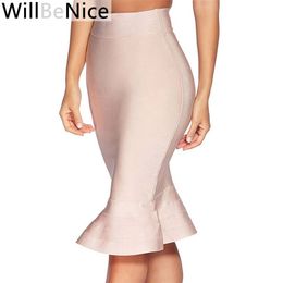 WillBeNice New Arrival Nude Mermaid Fishtail High Waist Knee Length Bandage Pencil Skirts 210330