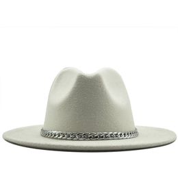Wide Brim Quality Fedora Hat Women Men Imitation Wool Felt Hats with Metal Chain Decor Panama Fedoras Chapeau Sombrero