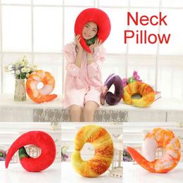 Plush toy simulation shrimp U-shaped pillow, cartoon croissant pepper U-shaped neck pillow, sleeping bread lunch break pillow Y211119