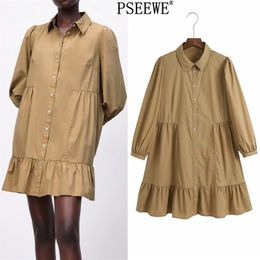 Poplin Short Dresses Women Casual Ruffle Long Sleeve Mini Shirt Woman Fashion Ruched Button Up Summer 210519