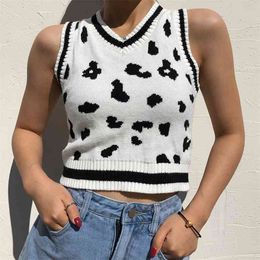 Casual Black White Milk Cow Print Striped Crop Knitted Sweater Vest Women V Neck Sleeveless Sweet Pullovers Y2K Top Jumper 210510