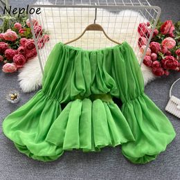 Neploe Sexy Slash Neck Shoulder Strapless Multicolor Blouse Women Puff Long Sleeve Ruffles Blusas Spring Shirt Feminino 210510