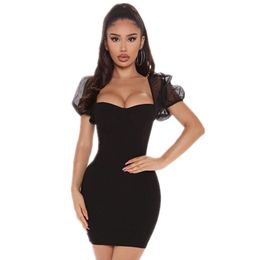 Women Sexy Fashion Lace Mesh Short Sleeve Black Bandage Dress Elegant Night Club Prom Celebrity Bodycon Party Vestido 210527