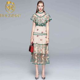 Summer Women Fashion Designer A-Line Dress Short Sleeve Ruffles Embroidery Elegant Ladies Party Midi Dresses vestidos 210506