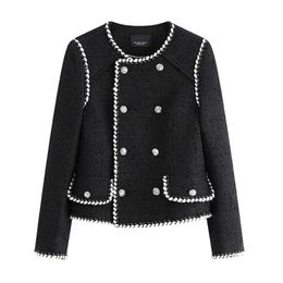 PERHAPS U Women Black White Tweed Jacket O Neck Long Sleeve Button Pocket Cropped Solid Double-Breasted Spring Autumn C0380 210529
