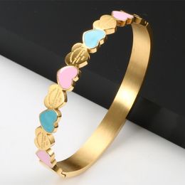 Bangle Gold Colour Blue and Pink Enamel Forever Love Heart Charm Bangle&bracelet for Women Girlfriend Promise Wedding Jewellry Gifts Bangl 755