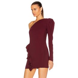 Spring Burgundy Bandage Dress Sexy One Shoulder Long Sleeve Ruffle Bodycon Club Celebrity Evening Party Mini Vestidos 210527