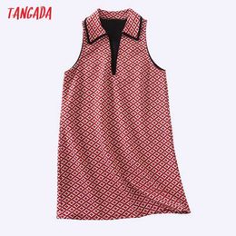 Tangada Women Geometry Jaquared Shirt Robe Dress Sleeveless Turn Down Collar Ladies Mini Dress Vestidos 6H95 210609