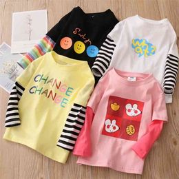 Spring Autumn 2 3 4 -10 Years Children Cotton Striped Colour Patchwork Cartoon Long Sleeve Basic T-Shirt For Baby Kids Girls 210701