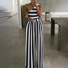 Women Fashion Elegant Long Sleeve Partywear Jumpsuits Formal Party Romper One Shoulder Striped Party Jumpsuit 210716