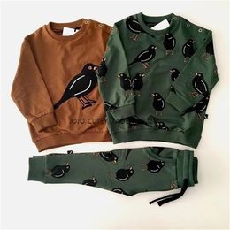 Toddler Boys Fashion Bird Sweatshirt Little Girls Cotton Casucal Pullover and Sweatpants Winter Hoody Tops 210619