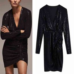 Black Draped Glitter Dress Women V Neck Long Sleeve Ruched Mini es Ladies Vintage Slim Sexy Party 210519