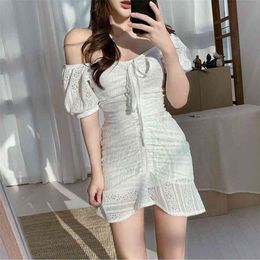 Elegant Women White Lace Dress Sexy Slash Neck Off Shoulder Short Sleeve High Waist Draped Ruffles Mini Party Beach 210603