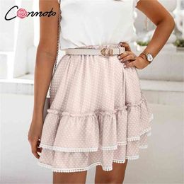 Conmoto Light Apricot Polka Dot A-line Mini Skirt Fashion High Waist Ruffled Summer Women Short Casual Female 210619