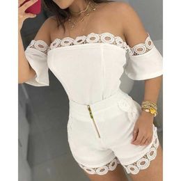 Off Shoulder Bodycon Two Piece Set Women Lace Patchwork Top And Shorts Set Summer Clothes 2021 Sexy Club Outfits Hot Y0702