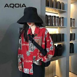 Spring Street Style Oversize Women's Shirt print Loose Ladies Blouse Long Sleeve Red Button Up Female Clothing 210521