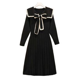 PERHAPS U Black Red Bow Sailor Collar Long Sleeve Knitted A-Line Knee Length Dress Autumn Chic Elegant D3052 210529