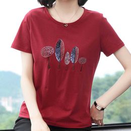 Sequined T-Shirt Female Summer Tops Embroidery Cotton T Women Casual Plus Size Tshirt Short Sleeve Tee Femme 210615