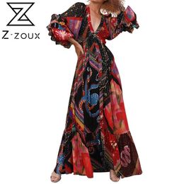 Women Dress V Neck Puff Sleeve Printed Bohemia Sexy Long Floral Maxi es Plus Size Loose Beach es 210513