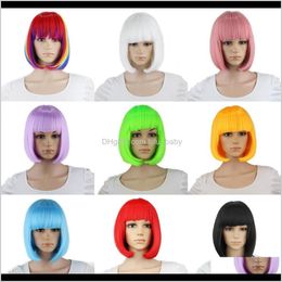 10Inch Straight Short Bob Bangs Blue Golden Red Black White Purple Pink Green Brown Cosplay Wig Female Anfol Ojp1W