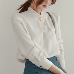 Women Office Shirt Blouses Thick Chiffon Long Sleeve Blusas Work Shirts Female Elegant Casual Stand Collar One Button Blusa Top 210416