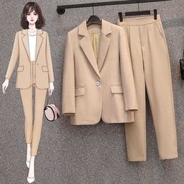 Two Pieces Set Women Single Breasted Long Sleeve Solid Colour Office Blazer Jacket Elegant Slim Tops High Waist Pant Suits 210930