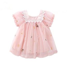 Girls Dresses Summer Cute Lace Embroidery Lantern Sleeve Infant Clothes Baby Ball Gown 0-4Y pink white Q0716