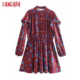 Tangada Fashion Women Flowers Print Shirt Dress Ruffles Long Sleeve Office Ladies Mini Dress 2W78 210609
