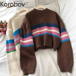 Korobov New O Neck Women Sweaters Vintage Rainbow Striped Patchwork Short Pullovers Streetwear Thick Sueter Mujer 210430