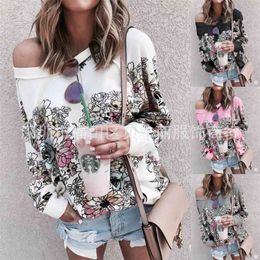 Autumn Winter Floral Printed Long-sleeved Hooded Women Casual Loose Round Neck Long Sleeve Hoodies Sweatshirt Plus Size 210517