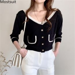 Korean Knitted Color-blocked T Shirts Tops Women Long Sleeve Deep V-neck Single-breasted Cardigans Tees Vintage Fashion T-shirts 210513