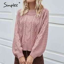 pink solid women knitwear winter pullover sweaters lantern sleeve pullovers plus size hollow out sweater 210414