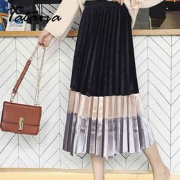 Ataria High Waist Pleated Skirts for Women Autumn Winter Velvet Warm Skirt Casual A Line Office Lady Female 210514