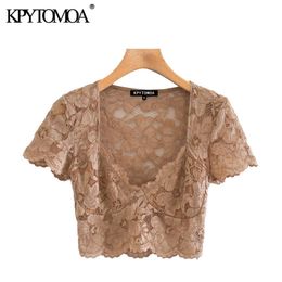 Women Sexy Fashion See Through Lace Cropped Blouses V Neck Short Sleeve Female Shirts Blusas Chic Tops 210420