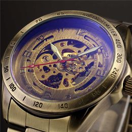 Antique Vintage Design Automatic Skeleton Mechanical Watch Brass steel Men's Wristwatch Skeleton Steampunk Relogio Masculino Q0902