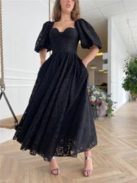 2021 Black Full Lace Evening Party Dresses With Half Puff Sleeves Heart Shape Neck Buttons Front Ankle Length Prom Gown