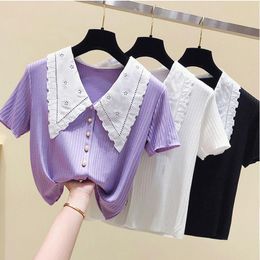 Women's Blouses & Shirts Large Size Doll Collar Purple Coat Slightly Fat Girl Wear Ice Silk Short Sleeve 2021 Retro Shirt Tide