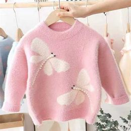 Sweaters Girl Dragonfly Pattern Mink Fleece Winter Clothes Kids Pullover Knitwear Sweater Children Clothing 211201