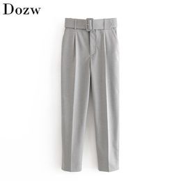 Women Office Lady Gray Suit Pants With Belt High Waist Casual Long Trousers Female Fashion Pockets Pleated Solid 210515