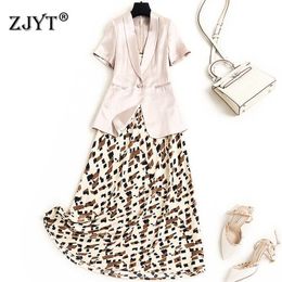 Elegant Office Lady Summer Suit Women Notched Short Sleeve Blazer and Midi Print Strap Dress 2 Piece Set 210601
