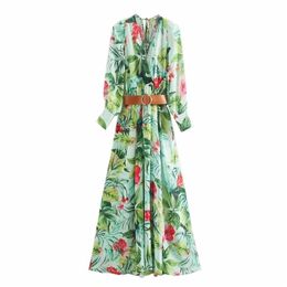 women vintage v neck red floral green leaves print casual midi dress ladies sashes vestidos chic chiffon dresses DS3635 210420