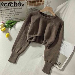 Korobov Preppy Style Streetwear Crop Knit Pullovers Korean Long Sleeve O Neck Solid Sweaters Vintage Jumper Femme 210914