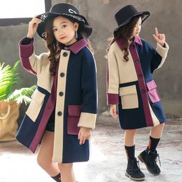 Fall/Winter 2020 girls woolen jacket fashion stitching plaid design girl's long coat girl kids coat 4-12 years old Q0716
