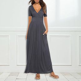 casual maxi dress with pockets UK - Casual Dresses Modis Women's Maxi Dress With Pocket Solid Color V-neck Short Sleeve Long Female Elegant Party Swing #T2G