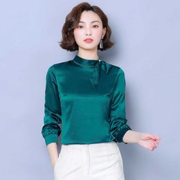 Korean Silk Women Blouses Woman Solid Satin Shirt Long Sleeve Shirts Casual Bow Tie Tops Plus Size 3XL 210604