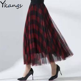 England Plaid Tulle Skirt Women Fashion Korean School Checked High Waist Pleated Maxi Summer Female Mesh Streetwear 210421